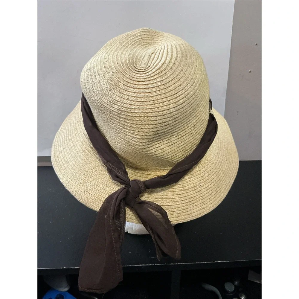 Coolibar Womens Packable Straw Sun Hat Brown Ribbon Bow Wide Brim Beige One Size